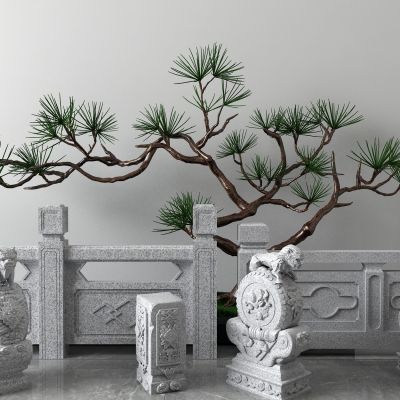 松树，栏杆，扶手，石狮子