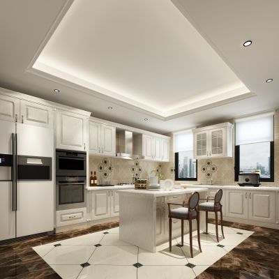 欧式白色餐厅厨房吧台