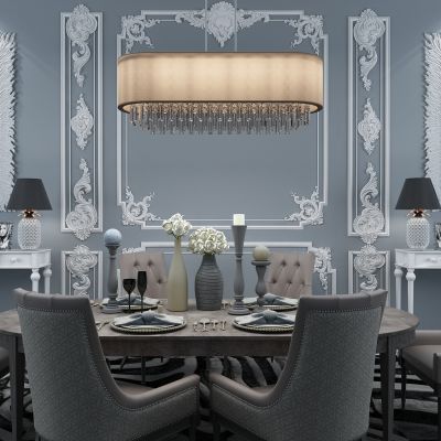欧式餐桌吊灯背景墙组合