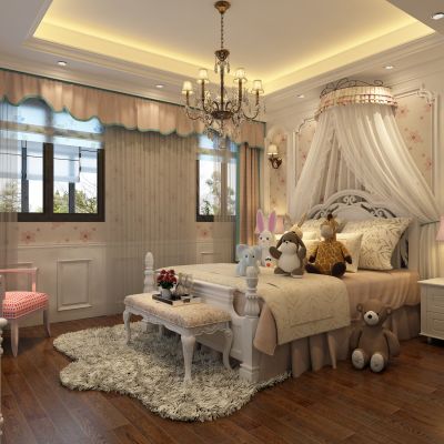 儿童房，卧室，床，床头背景墙，窗帘