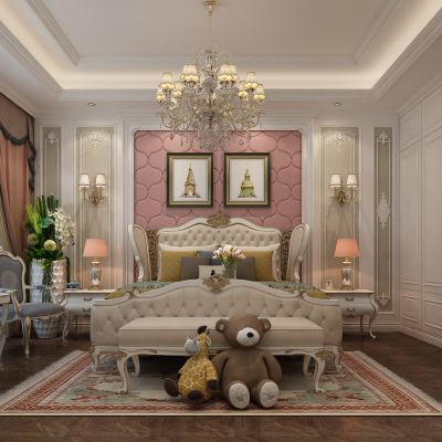 儿童房，卧室，床，床头背景墙，窗帘