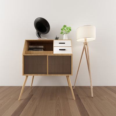 现代实木边柜留声机落地灯组合