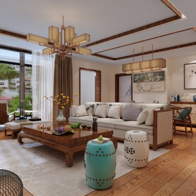 客厅，组合沙发，餐边柜，吊灯