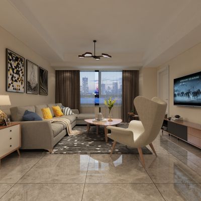 客厅，组合沙发，电视柜，电视墙