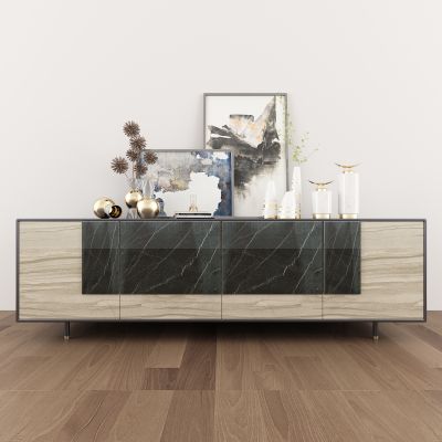 现代简约实木边柜摆件组合