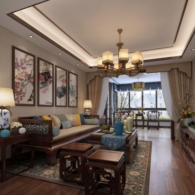 客厅，组合沙发，电视柜，罗汉床