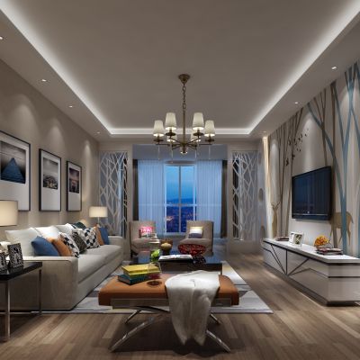 客厅，组合沙发，吊灯，壁纸