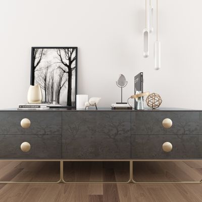 现代实木金属边柜摆件吊灯组合