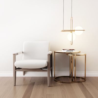现代实木单人椅圆几吊灯组合