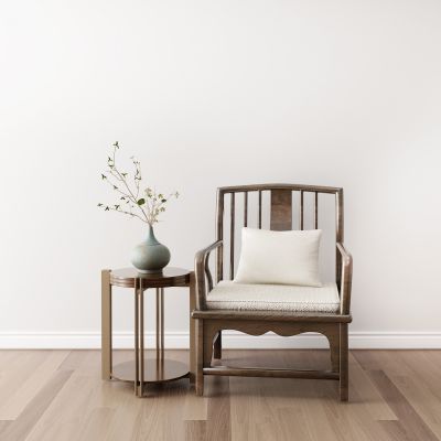 新中式单人椅圆几花瓶花卉摆件