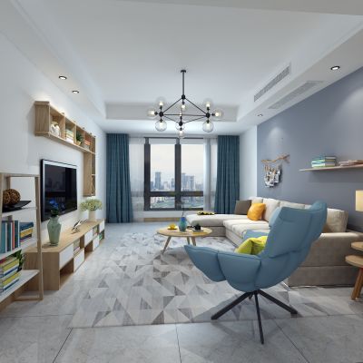 客厅，组合沙发，电视柜，电视墙