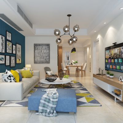 客厅，组合沙发，电视柜，电视墙