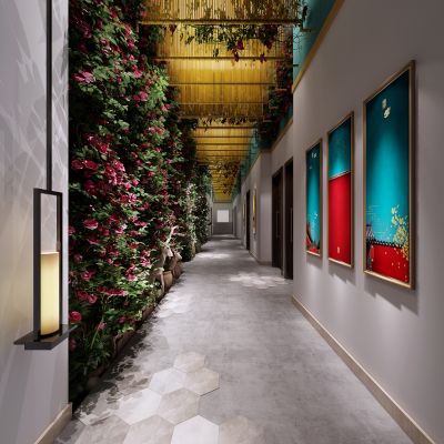 现代风格餐厅过道植物墙