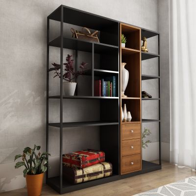 现代钢木组合书柜饰品