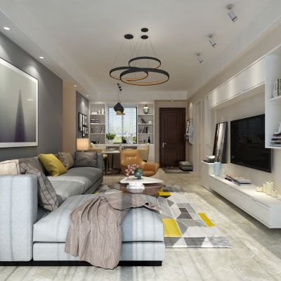 客厅，组合沙发，电视柜，电视墙