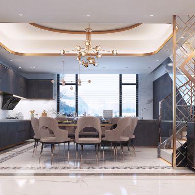 现代轻奢开放式厨房餐厅整体