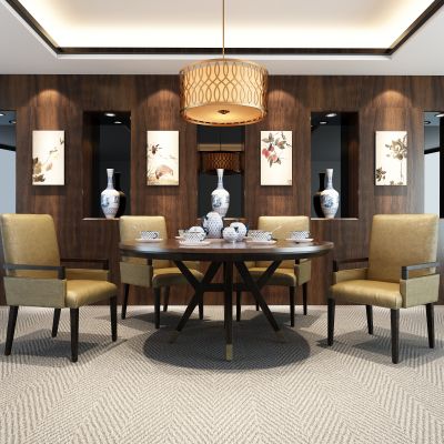 中式风格实木皮艺餐桌椅组合