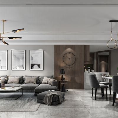 现代极简客厅餐厅沙发电视柜餐桌吊灯装饰画