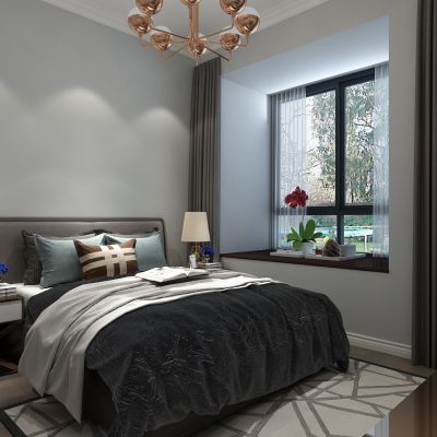 卧室，床，吊灯，纱帘