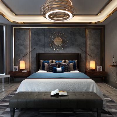 卧室，床，吊灯，窗帘，端景台