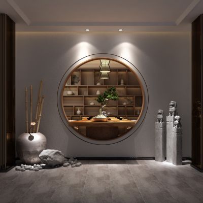 玄关，石狮子，盆栽，茶桌，吊灯