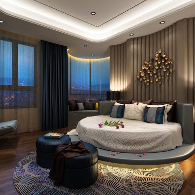 卧室，床，窗帘，吊灯，圆床