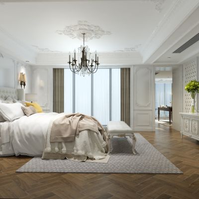 卧室，床，窗帘，吊灯，电视柜