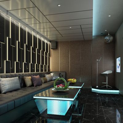 KTV，多人沙发，屏幕，话筒，点歌台，音响