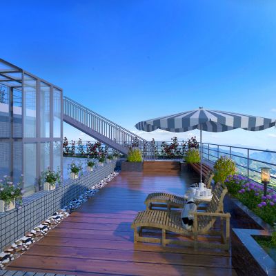 露台，太阳伞，花草，鹅软石