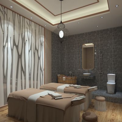 SPA会所，桑拿，按摩床，洗手台，木桶