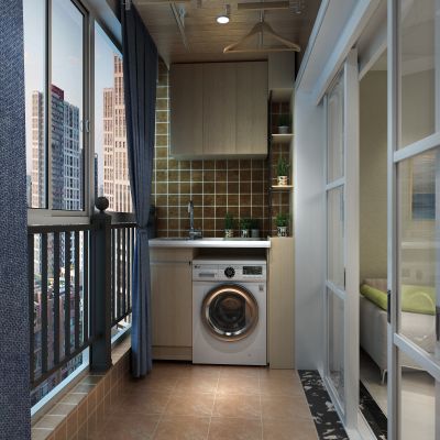 阳台，洗衣柜，洗衣机，晾衣架，盆栽