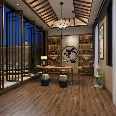 办公室，书桌，大班台，茶壶，木格栅