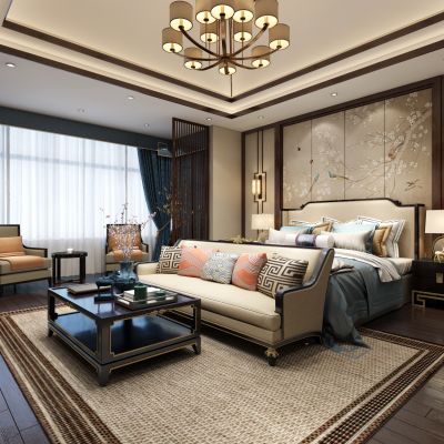 新中式主卧床，沙发，吊灯，电视柜
