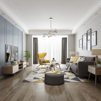 小清新，北欧客厅餐厅，沙发，餐桌，电视柜，装饰画，吊灯，装饰柜