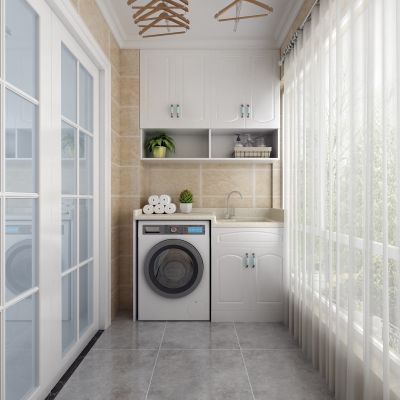 阳台，洗衣机，衣架，纱帘