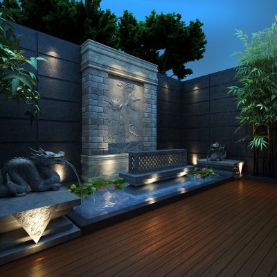 花园，露台，竹，喷泉，荷花