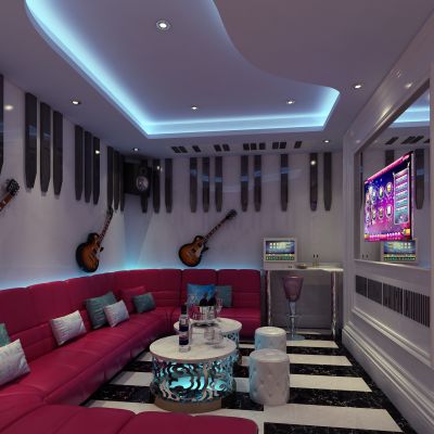 KTV，多人沙发，屏幕，话筒，点歌台，钢琴