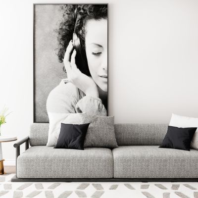 现代简约实木双人沙发圆几挂画组合