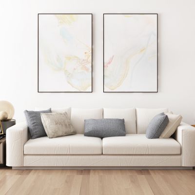 现代布艺沙发挂画圆几台灯摆件组合