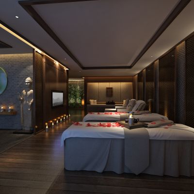 SPA会所，桑拿，按摩床，洗手台，竹子