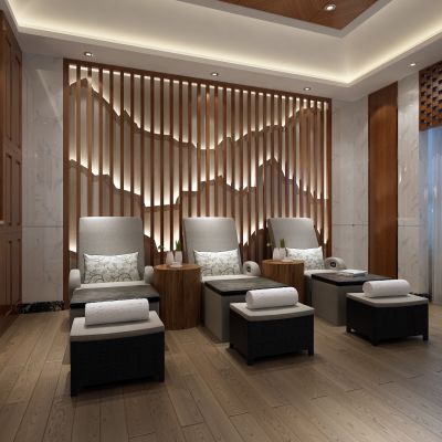 SPA会所，桑拿，按摩床，洗脚盆，盆栽