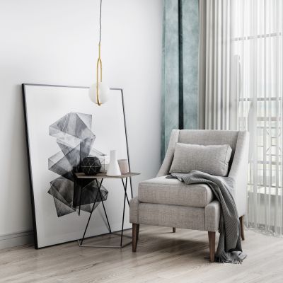北欧单人沙发装饰画吊灯摆件组合