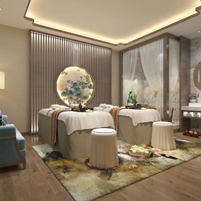 SPA会所，桑拿，按摩床，洗手台，木桶