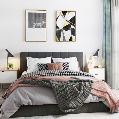 北欧双人床床头柜吊灯组合