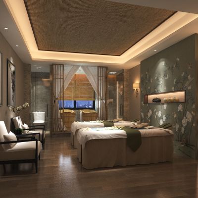 SPA会所，桑拿，按摩床，木桶