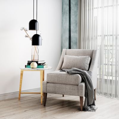 北欧单人沙发圆几吊灯摆件组合