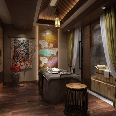 SPA会所，桑拿，按摩床，洗手台，木桶