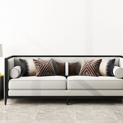 新中式双人沙发圆几台灯组合