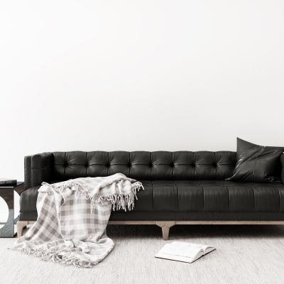现代黑色皮质多人沙发边几组合