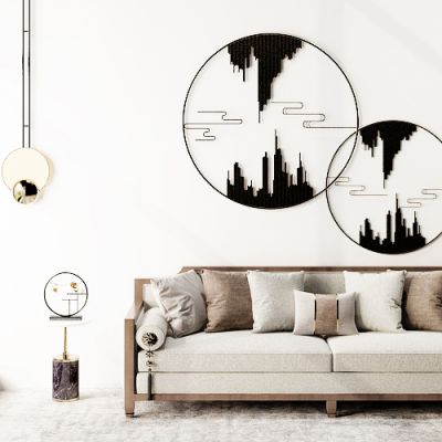 新中式双人沙发圆几台灯吊灯墙饰组合